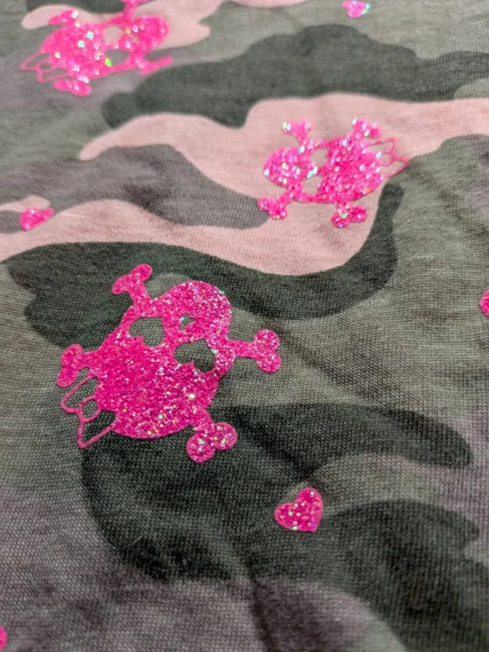 Justice Girls Size 8 Layered Look Top Camo Skull Glitter Tie Front Pink Gold